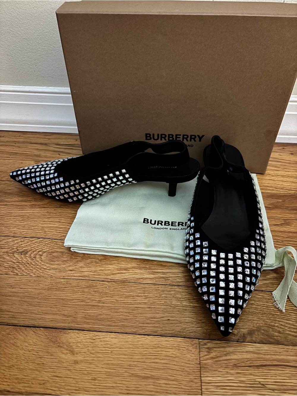 Burberry Black Crystal-Embellished Pointed Slingback Heels